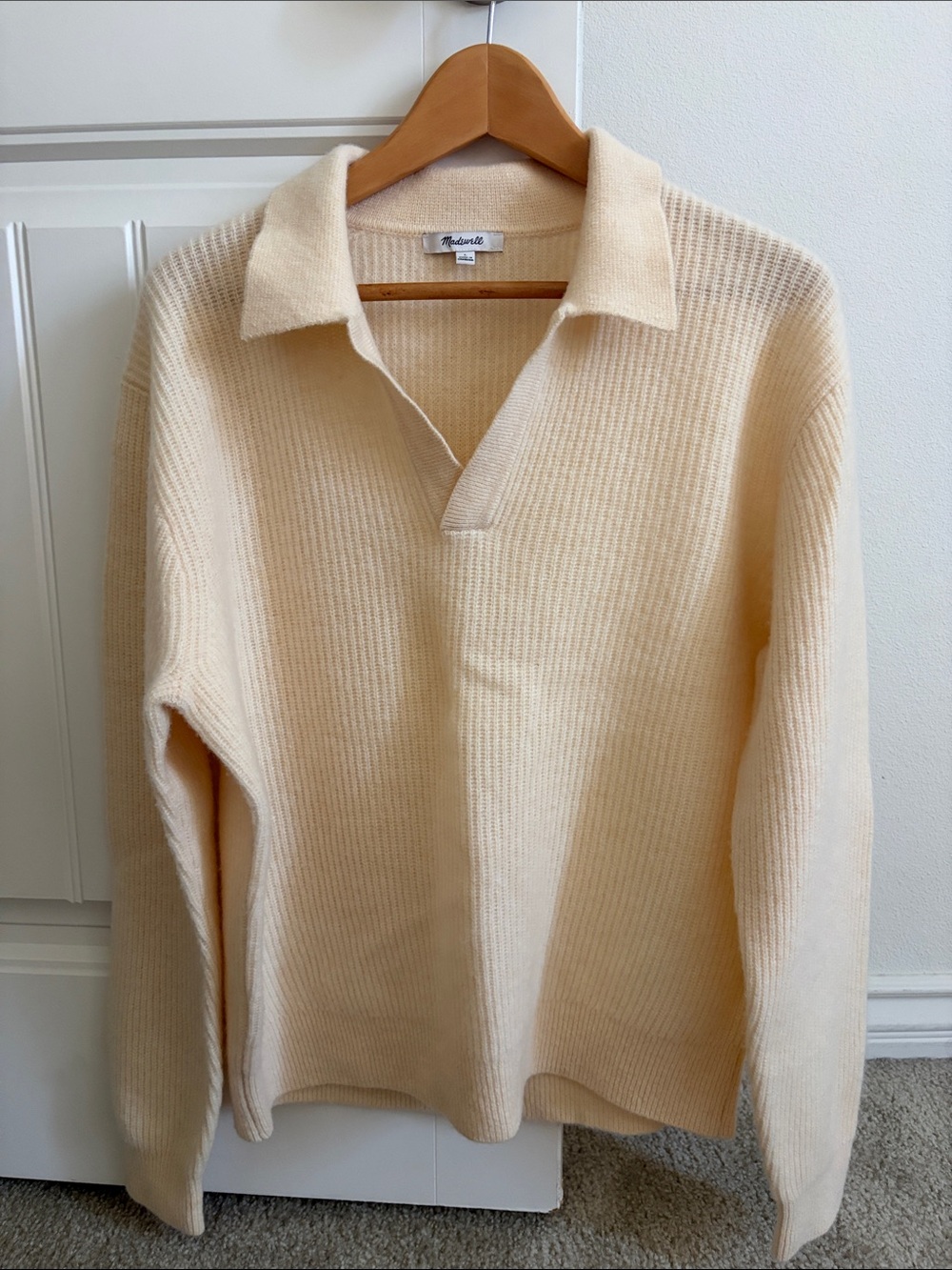 Madewell Men's Cream V-Neck Polo Sweater 100% wool size L